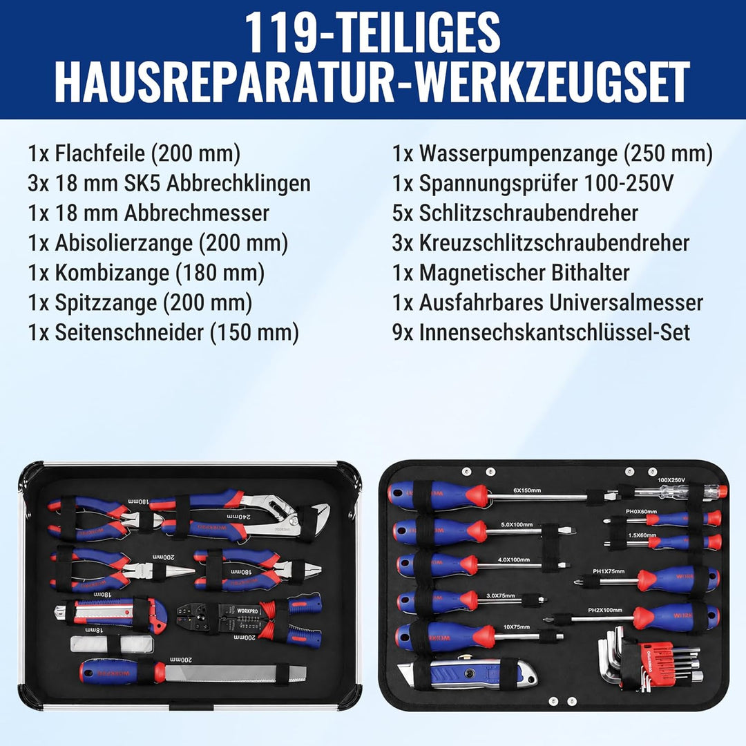 WORKPRO Werkzeugkoffer gefüllt Aluminum Haushalt Werkzeugkiste, Steckschlüssel-Satz Gabelschlüssel U