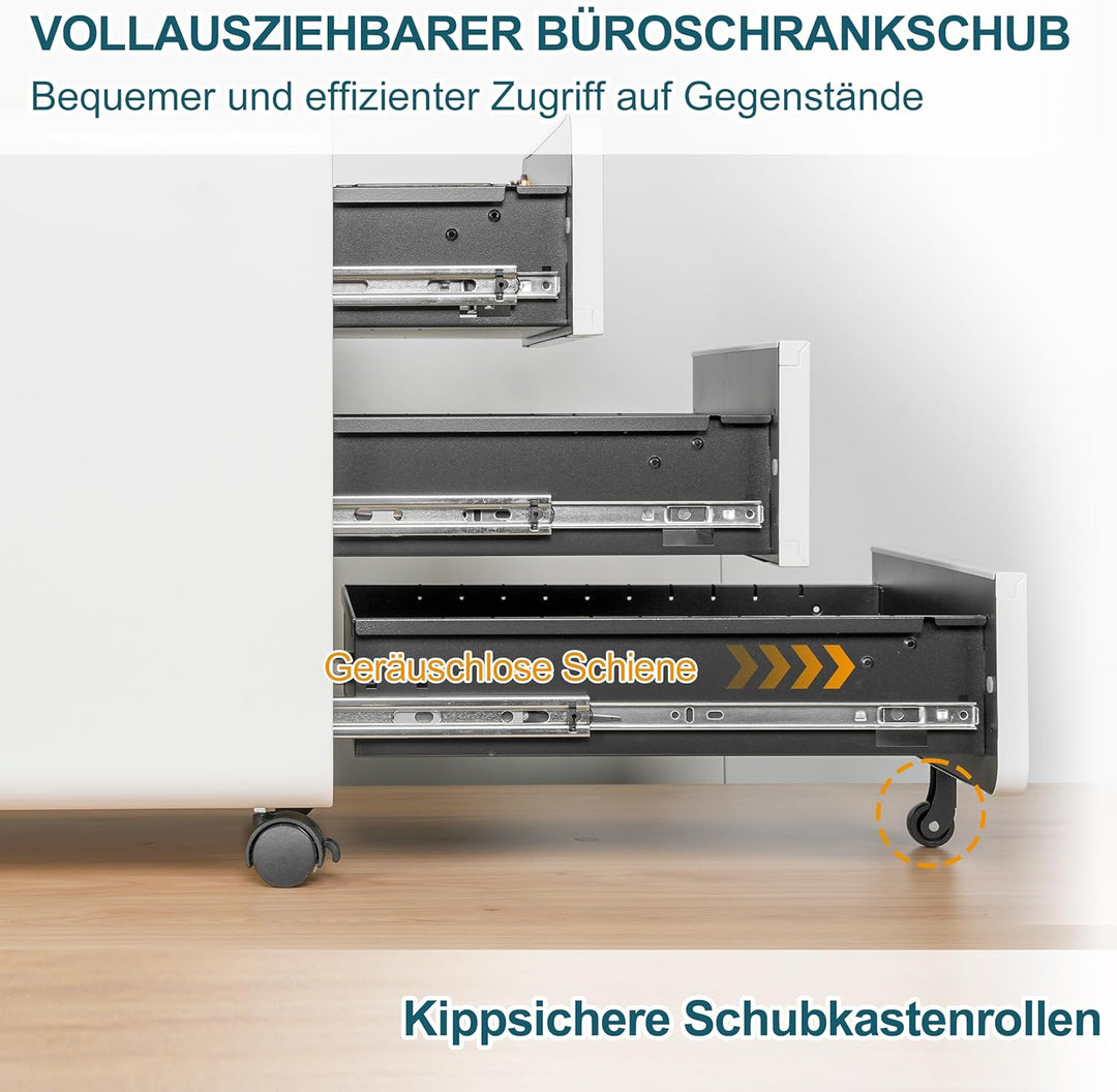 Rollcontainer mit 3 Schubladen, Aktenschrank, Abgerundetes Eckendesign, Abschliessbar, 4 Schlüsseln,