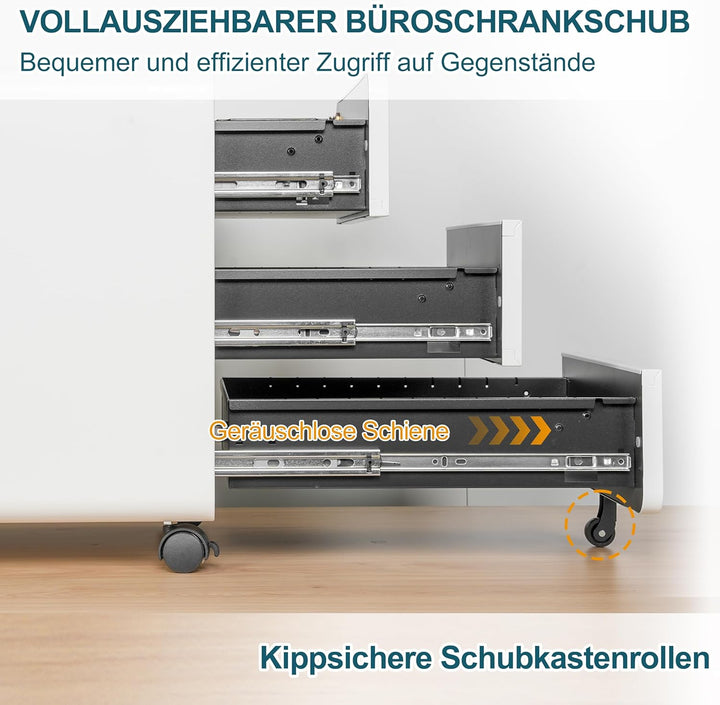 Rollcontainer mit 3 Schubladen, Aktenschrank, Abgerundetes Eckendesign, Abschliessbar, 4 Schlüsseln,