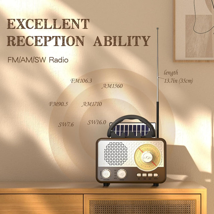 Radio Tragbar AM/FM/SW Outdoor Solar Retro Radio mit Bluetooth Lautsprecher Klein mit Stromkabel,Küc
