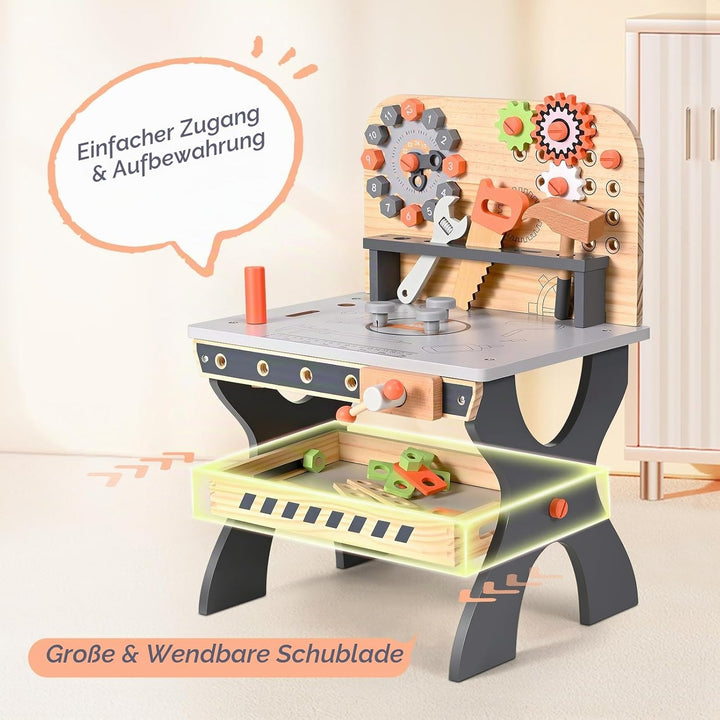 Kinderwerkbank aus Holz, Spielwerkzeuge Werkzeugbank aus Holz Multifunktions Simulationswartung Werk