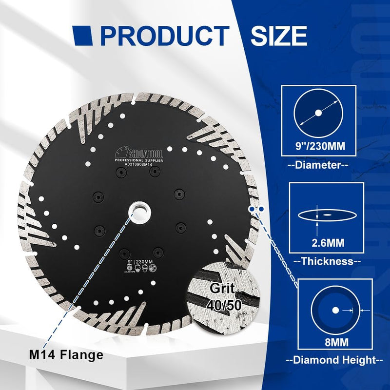 SHDIATOOL Diamant-Trennscheibe 230mm mit Turbo Schrägen Schutzzähnen für Beton Backstein Fliese Gran