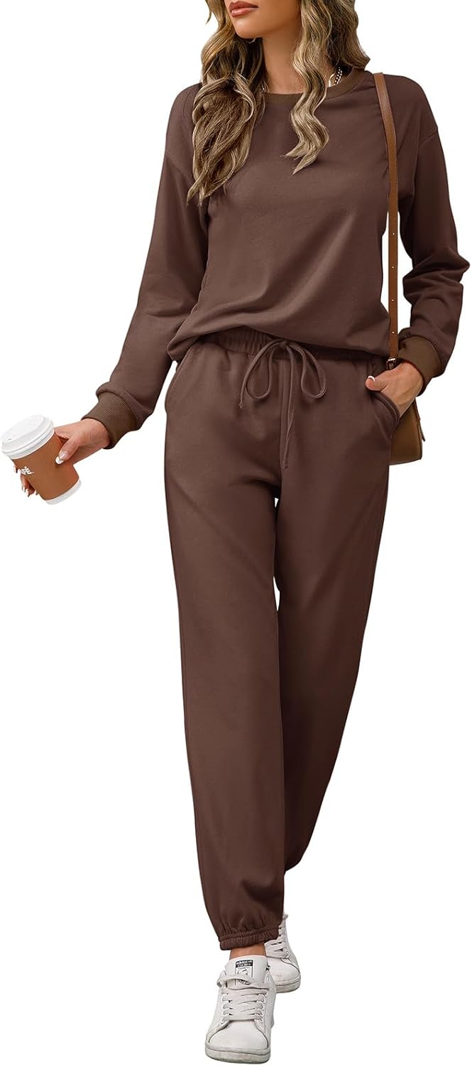 REORIA Damen Tracksuit Langarm Rundhalsausschnitt Einfarbig Zweiteiler Outfit Hoodie Jogger Training