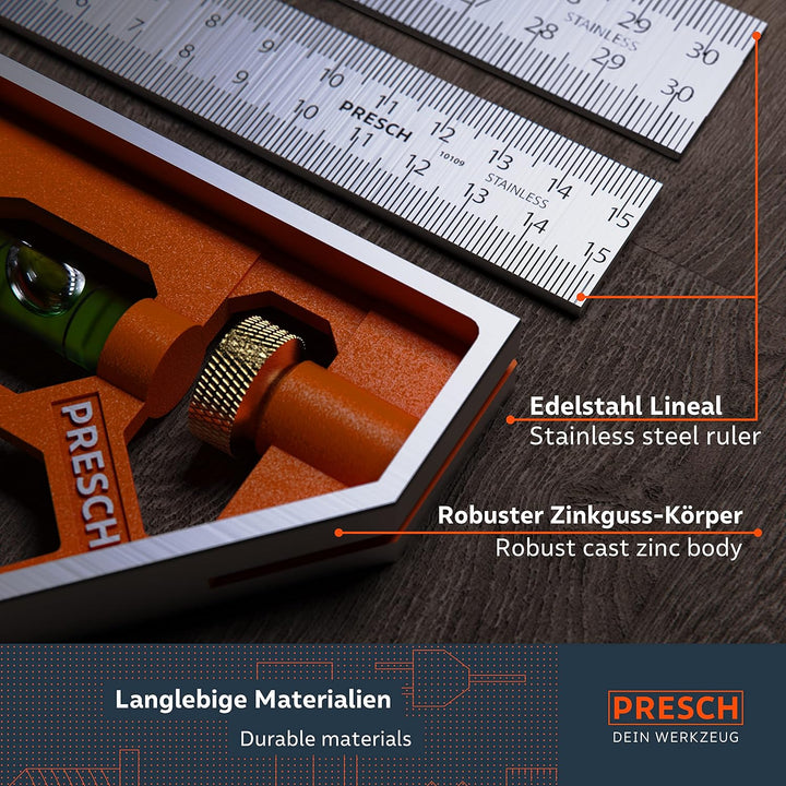 Presch Kombinationswinkel Set 150mm & 300mm - metrisch - Zwei Präzise Universal Kombiwinkel mit Line