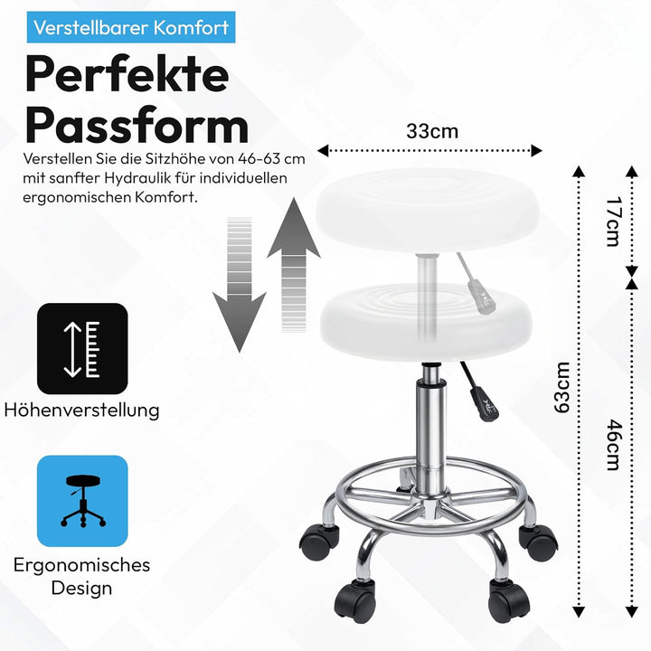 Ergonomie rollbarer Arbeitshocker Drehhocker Barhocker Praxishocker Rollhocker höhenverstellbar, wei