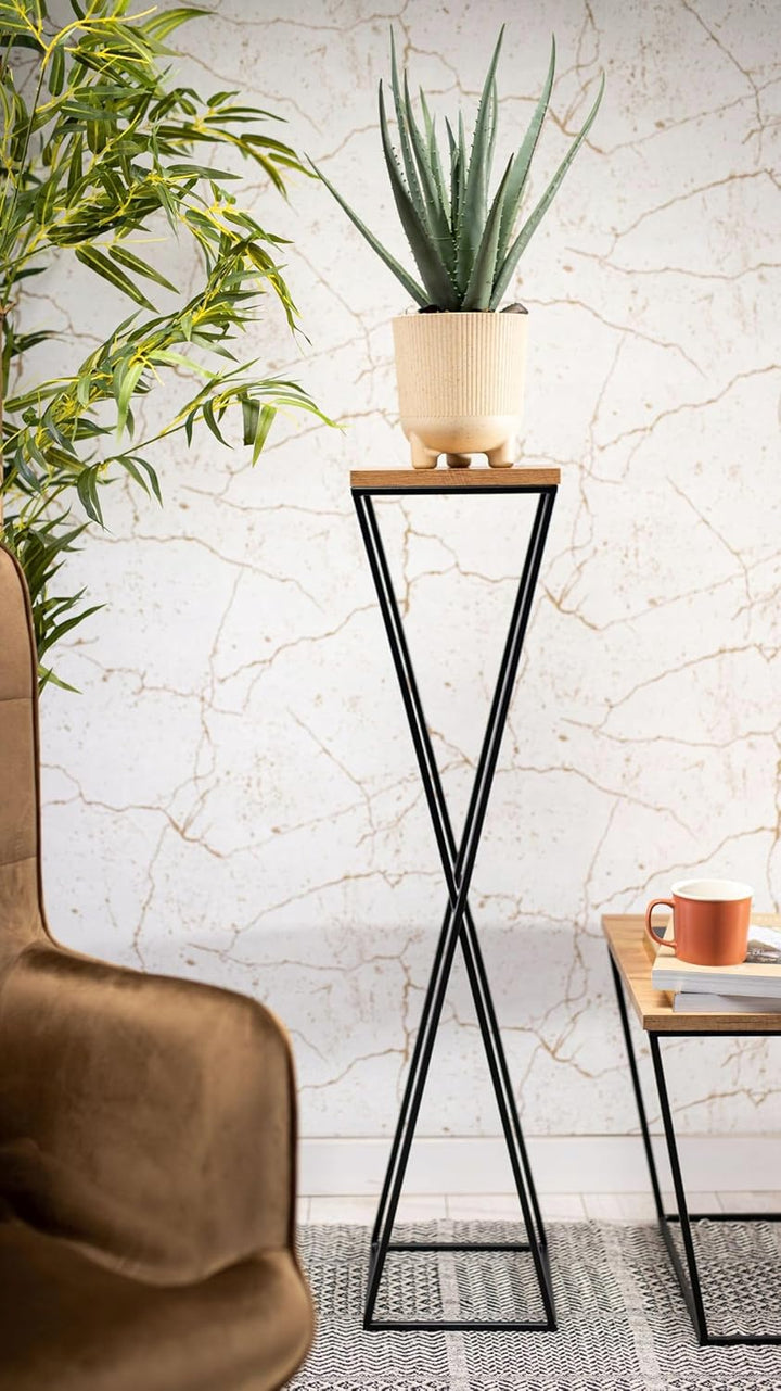 Pflanzenständer Metall 100 cm Hoch - Stabiler und Fester Blumenhocker mit Eiche Optik MDF-Platte auf