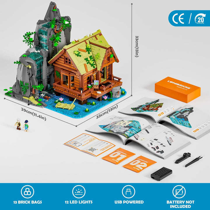 Lumibricks Waterfall Cabin Bauset mit Licht – 2539 Teile Retro Holzhaus mit beweglichem Wasserfall &