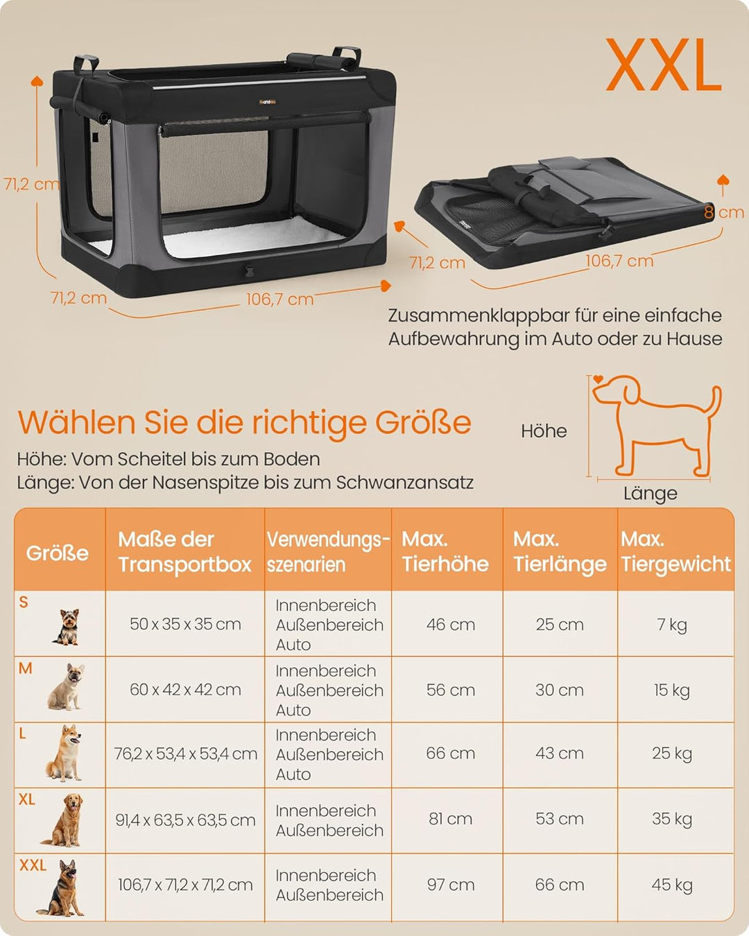 Feandrea Hundebox faltbar, 106,7 cm Transportbox für grosse Hunde, Hundetasche, Oxford-Gewebe, mit 4