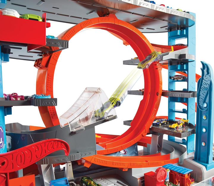 Hot Wheels FTB69 - City Ultimate Parkgarage und Parkhaus für Kinder, Garage mit Hai für +90 Autos, m