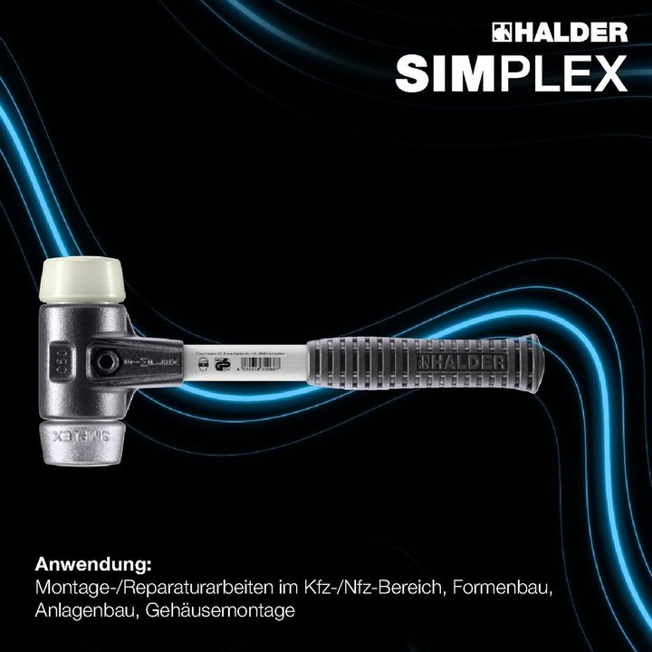 SIMPLEX-Schonhammer, Nylon/Weichmetall; mit verstärktem Tempergussgehäuse und Fiberglasstiel | D=50