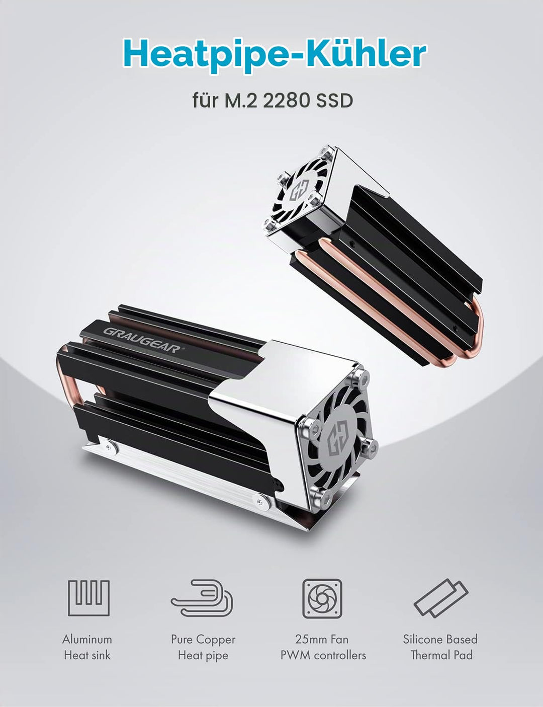 GRAUGEAR | Heatpipe Kühler mit Lüfter | Kühlköper für M.2 NVMe (2280) | aktive | 25mm PWM-Lüfter | g