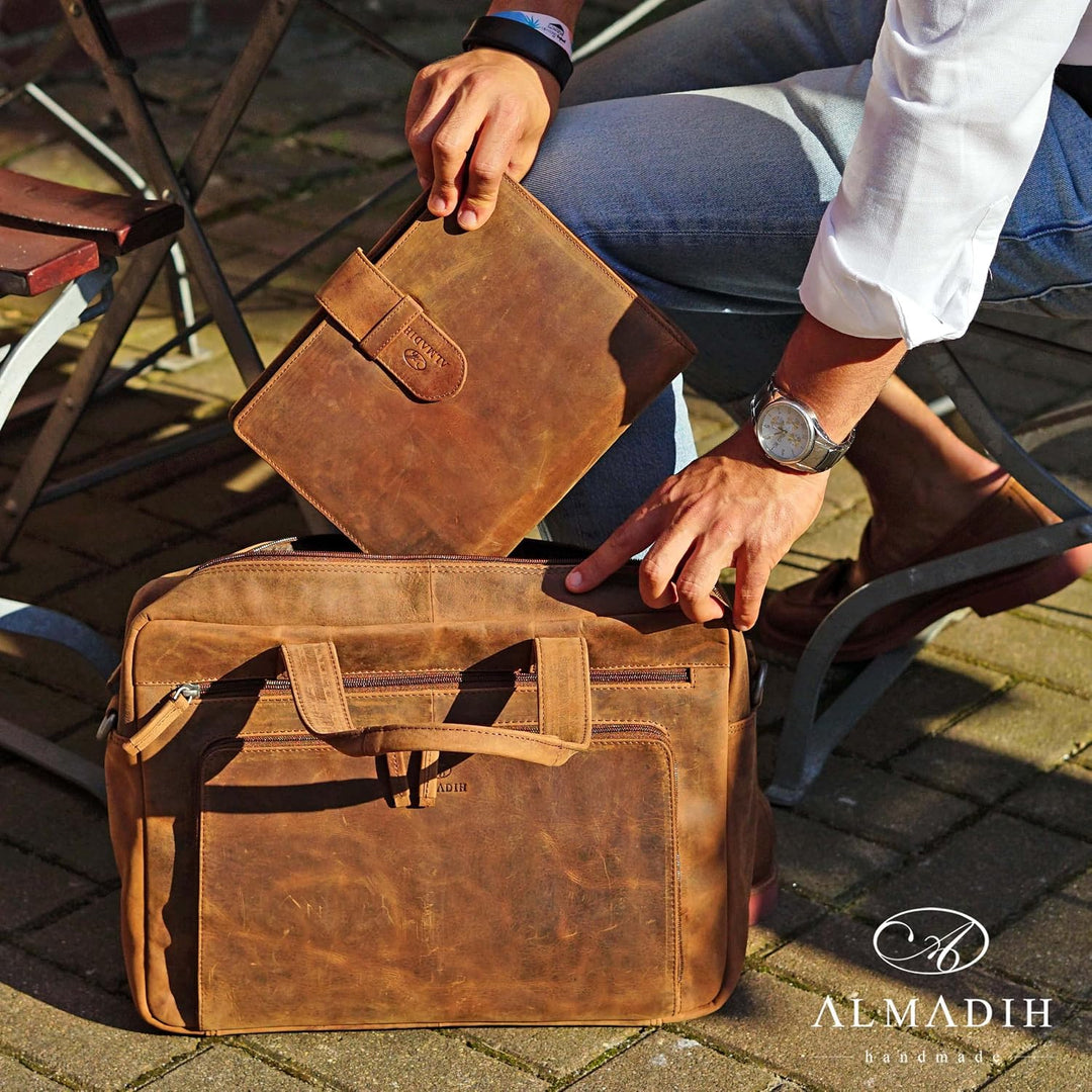 ALMADIH Leder A5 Schreibmappe mit Schreibblock Premium Rindsleder Schwarz Onyx Ledermappe Mappe Doku