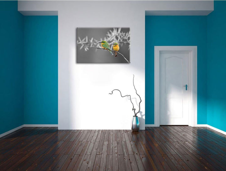 exotische Vögel auf Ast schwarz/weiss Format: 100x70auf Leinwand, XXL riesige Bilder fertig gerahmt