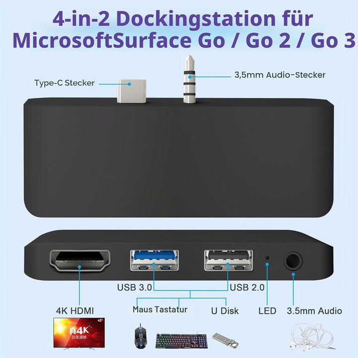 Surface Go 4/Go 3/Go 2/Go Hub Docking Station, 4-in-2 USB C Dockingstation für Surface Go mit 4K-HDM