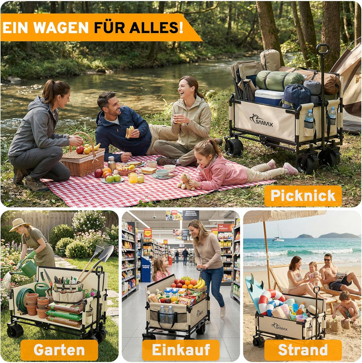SAMAX Bollerwagen bis 200kg - 2in1 mit Bank - Faltbarer Handwagen Gartenwagen Strandwagen - Klappbar