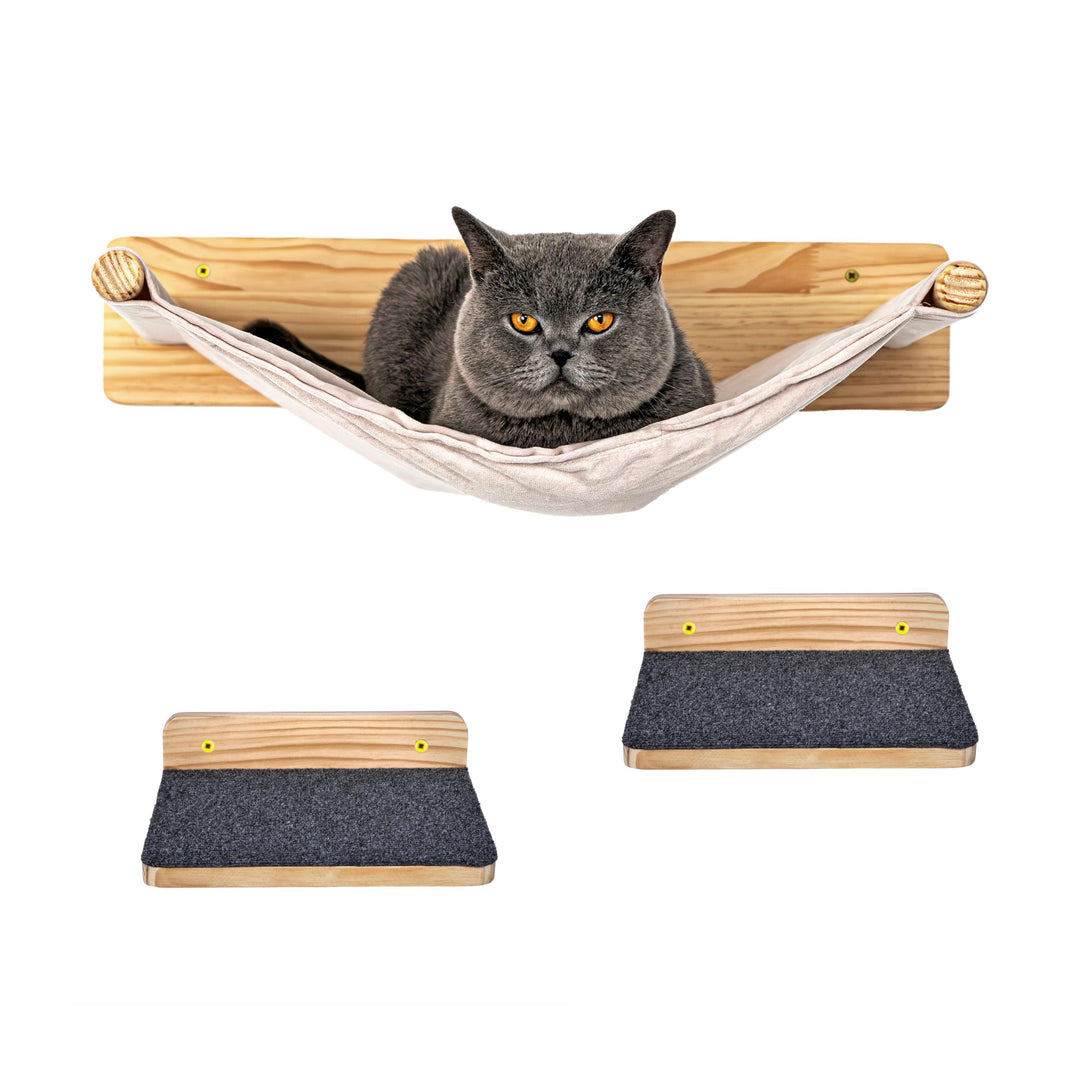 Katzen Wand-Hängematten Set – 1 Hängematte & 2 Plattformen aus Massivholz & Sisal Wandmontiertes Kat