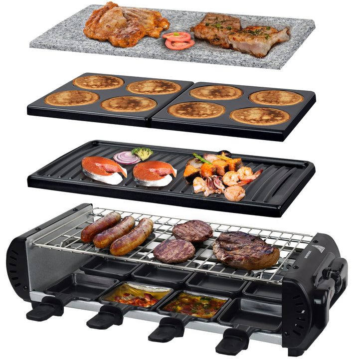 Syntrox Germany Raclette Liestal, 8 Personen, 8 Pfännchen, 4 Grillplatten/heisser Stein, antihaftbes
