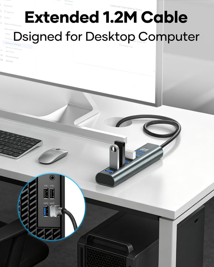 7-Port USB 3.0 Hub Verteiler mit 120cm Kabel für Desktop, 5Gbps USB Mehrfachstecker Splitter mit 5V