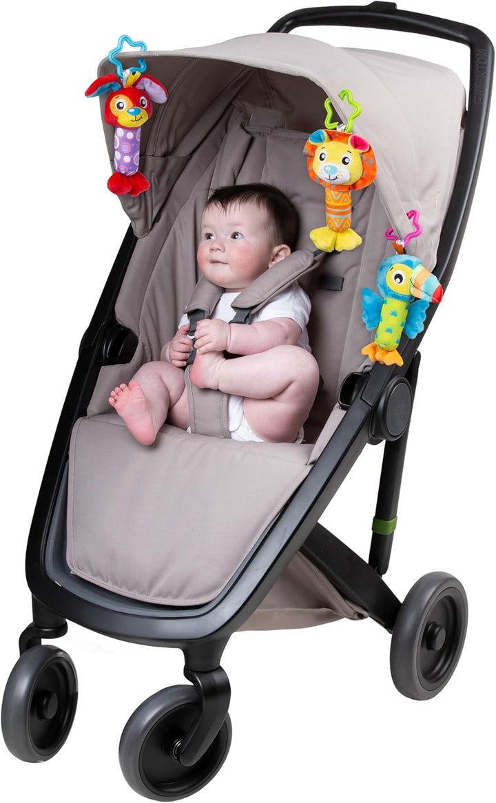 Playgro Spieltier-Trio für unterwegs, Mit Quietsche, Rassel und Glöckchen, Ab 0 Monaten, Mehrfarbig,