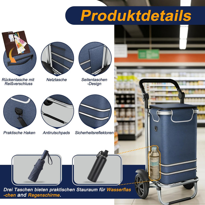 3in1 Klappbarer Einkaufstrolley 56L | Einkaufsroller mit Umhängetasche & Sackkarre | Einkaufswagen B