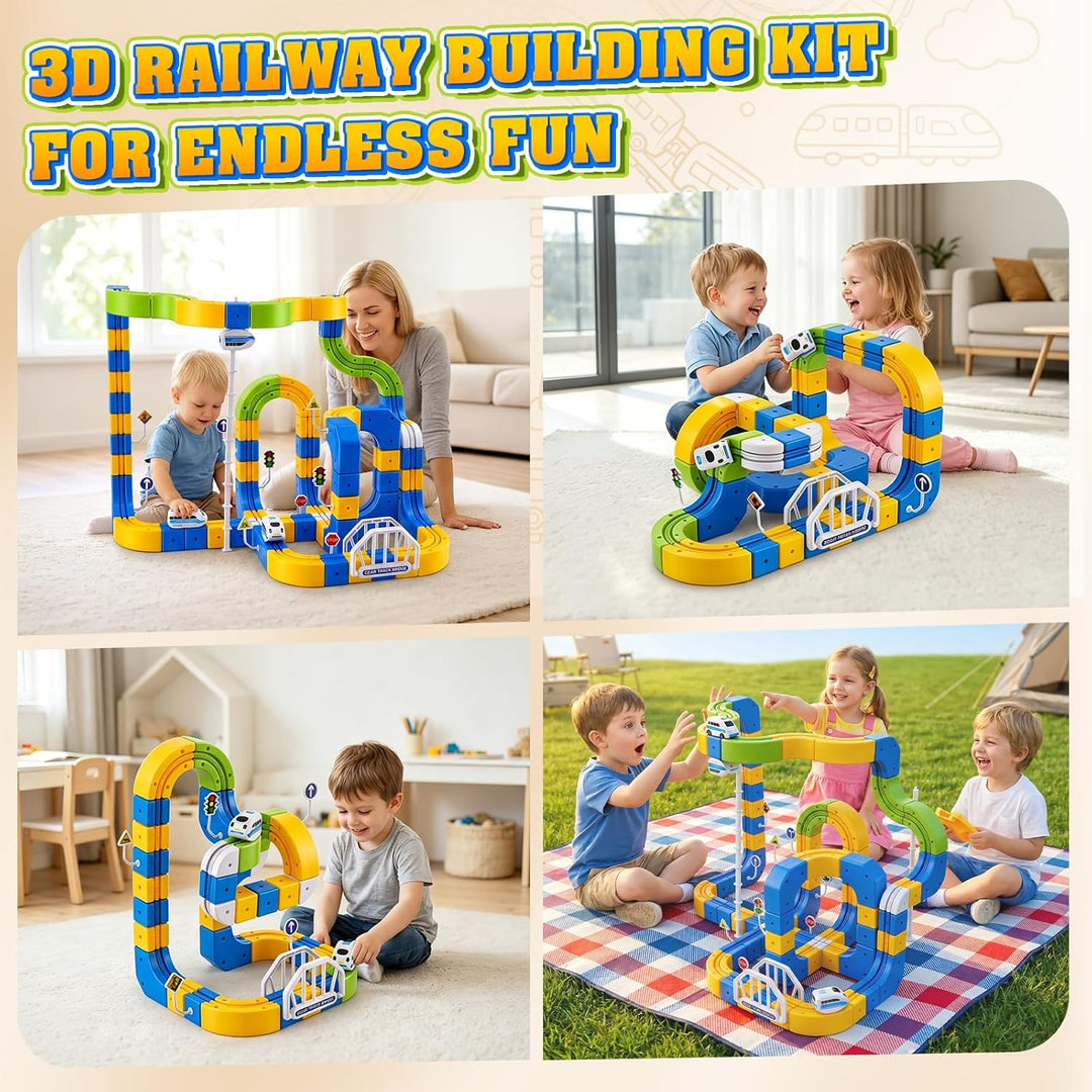 224 Stück Cube Track Set mit Saugnapf &amp; Type-C Ladung, Elektrische Eisenbahn mit 2 Zügen &amp; 3D Gear T