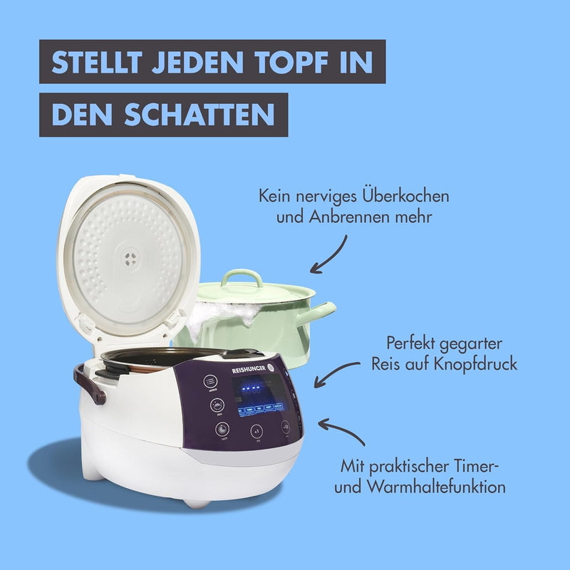 REISHUNGER Digitaler Reiskocher & Dampfgarer Weiss | 1,5 L bis 8 Personen | Warmhaltefunktion, Timer