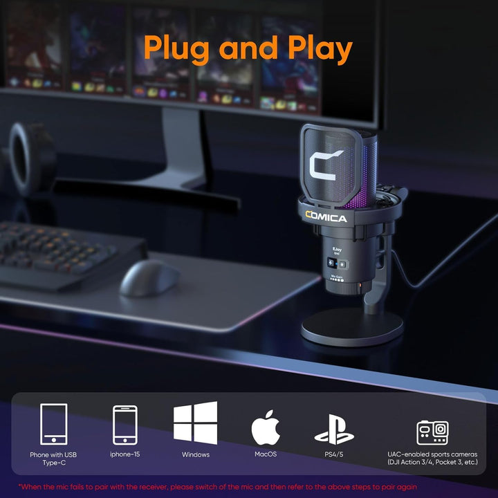 COMICA EJoy Uni USB Mikrofon PC, Gaming Mikrofon für Streaming Podcast Studio, Microphone Pc für PS4