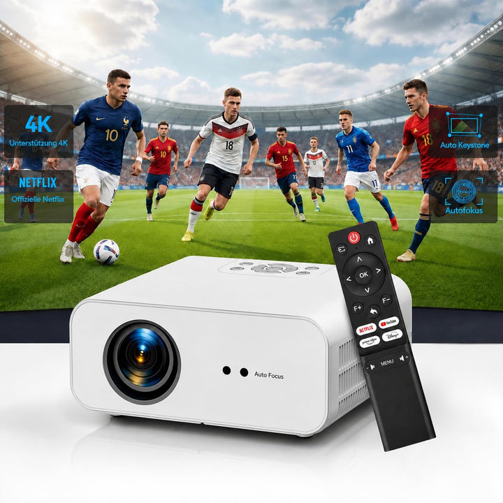 Smart Beamer 4K【Offiziell lizenzierte App】 Autofokus & Auto Keystone Mini Projektor,WiFi6 Bluetooth5