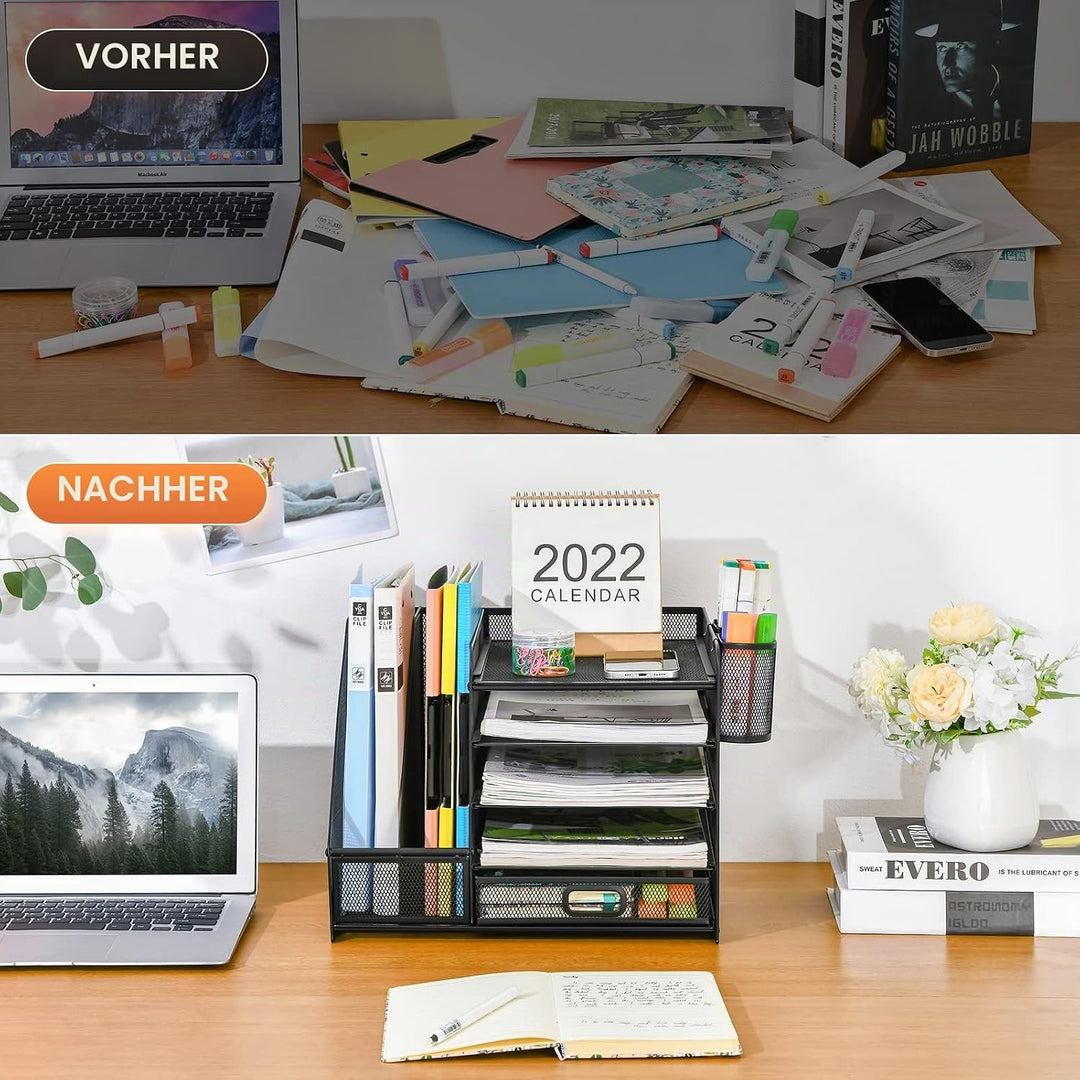 Marbrasse Schreibtisch Organizer mit Aktenhalter, 5 Ebenen Papier Briefablage mit Schublade und 2 St