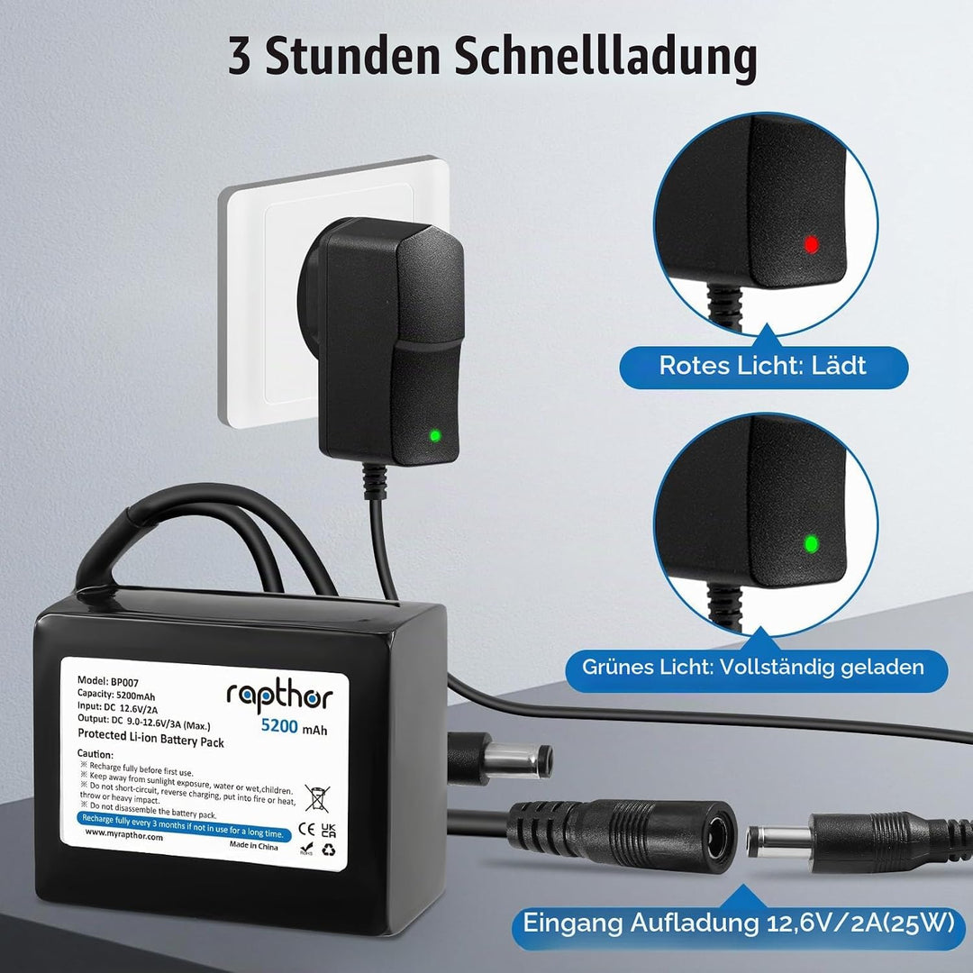 Rapthor Wiederaufladbarer 12V 5200mAh Lithium-Ionen-Akku mit 12,6V 2A Schnellladegerät und DC5521-An