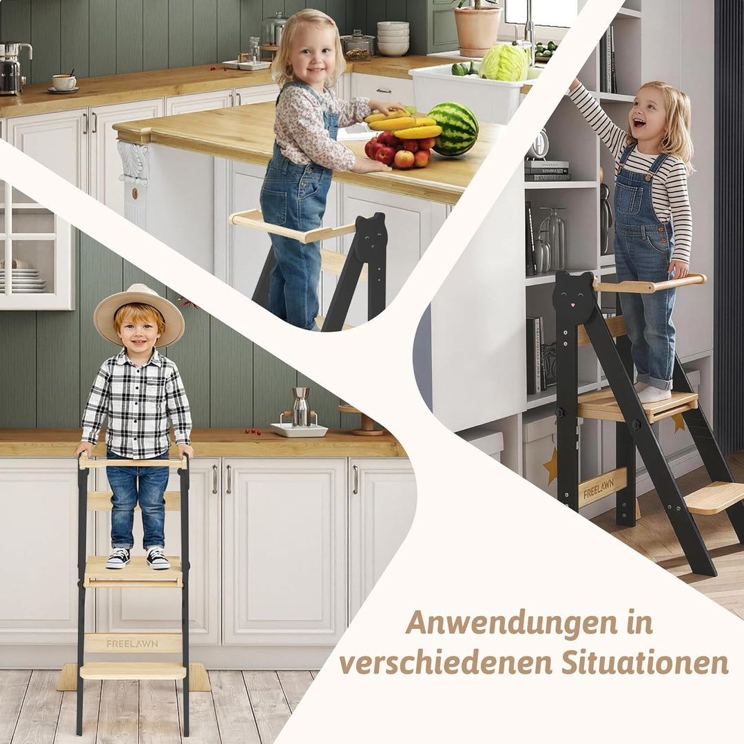 Lernturm Klappbar & 3-Fach Höhenverstellbar - Kippsicherer Learning Tower aus Kiefernholz - Mitwachs