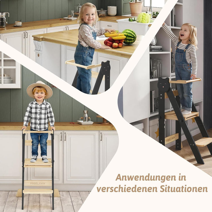 Lernturm Klappbar & 3-Fach Höhenverstellbar - Kippsicherer Learning Tower aus Kiefernholz - Mitwachs