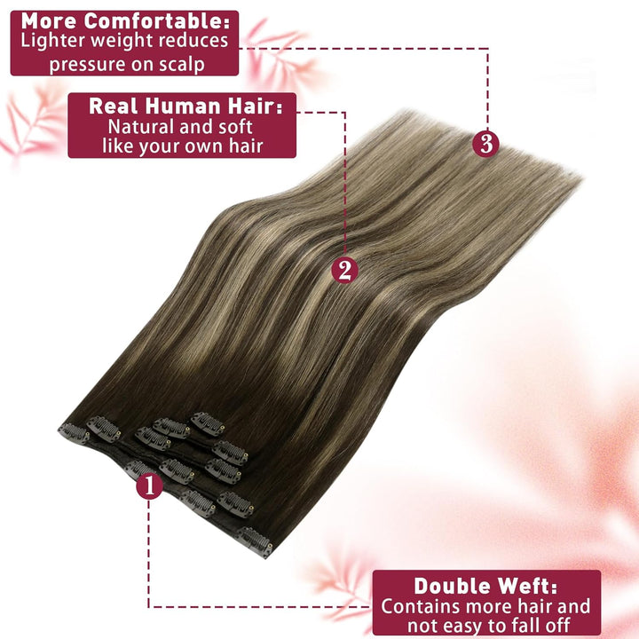 Vivien Haar Extensions Echthaar Clips Ombre Braun 55 cm Remy Haarverlängerungen Echthaar Clip in Bra