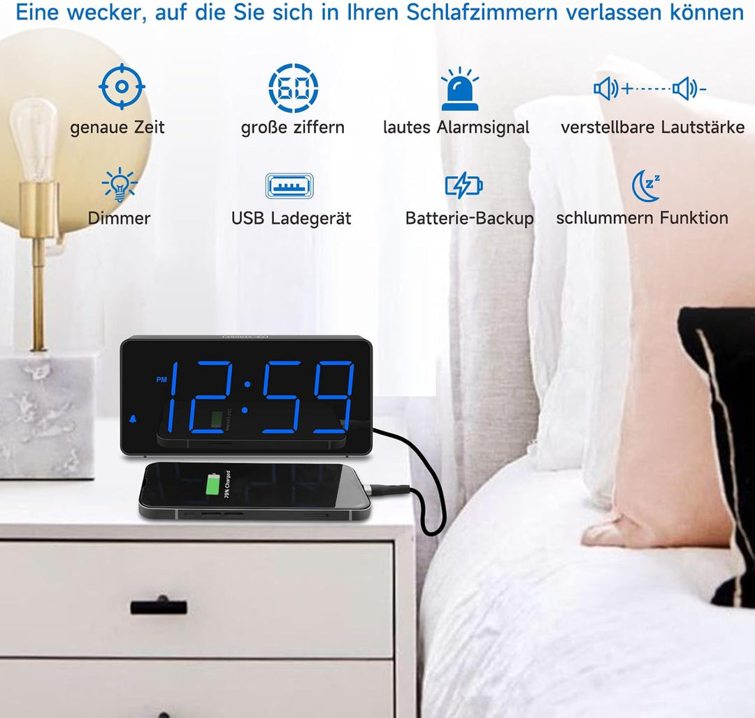 Eachui LED Wecker Digital mit Ladestation, Wecker mit Grossen Zahlen, Helligkeit und Lautstärke Rege