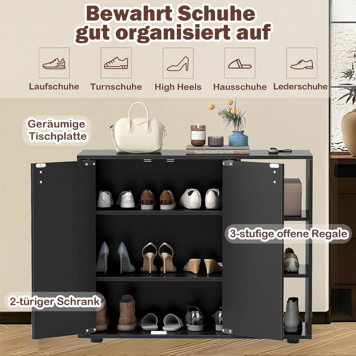 COSTWAY Schuhschrank, Schuhregal mit 2 Türen, verstellbaren offenen Regalen, Schuhkommode, Schuhaufb