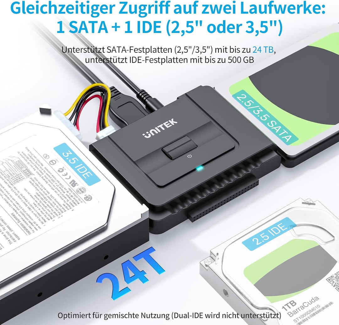 UNITEK USB 3.0 zu IDE SATA Konverter Externer Festplattenadapter für 2.5/3.5 Zoll HDD SSD Festplatte