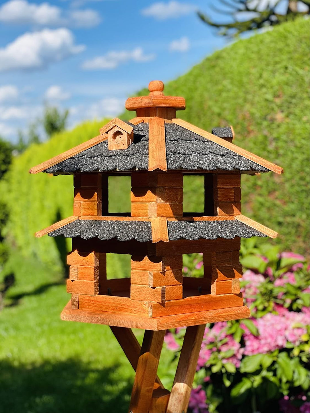 DARLUX Vogelvilla wetterfest von L bis XXL Futterhaus Vogelhaus mit oder ohne Ständer in Braun mit R