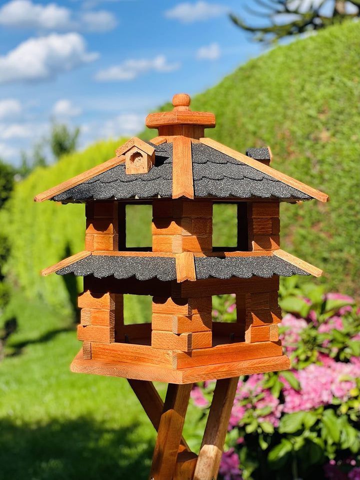 DARLUX Vogelvilla wetterfest von L bis XXL Futterhaus Vogelhaus mit oder ohne Ständer in Braun mit R