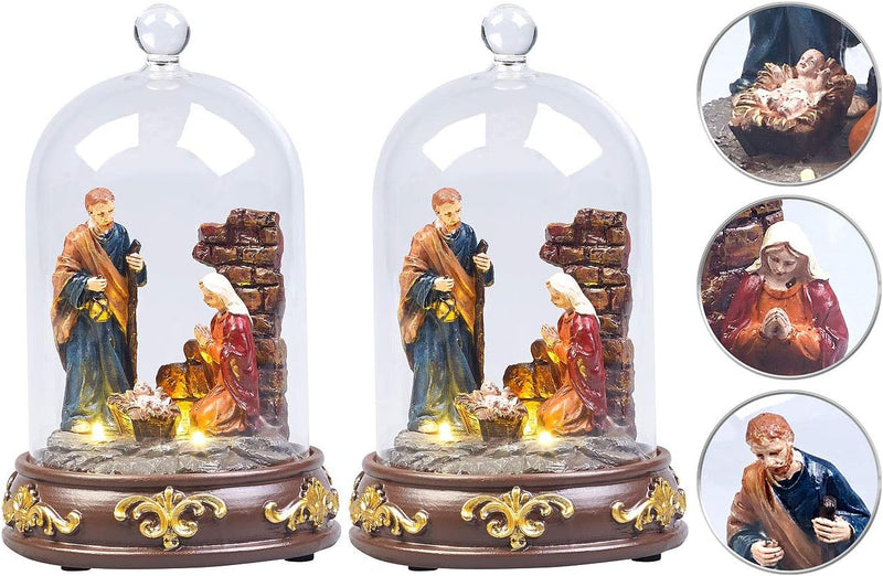 Lunartec Mini Krippe: 2er-Set Weihnachtskrippen mit Glasglocke, LED-Beleuchtung, handbemalt (Miniatu