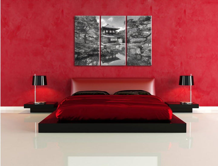 Pixxprint Ginkaku-ji-Tempel in Kyoto Kunst / 3-Teilig/Gesamtmass 120cm Leinwandbild bespannt auf Hol