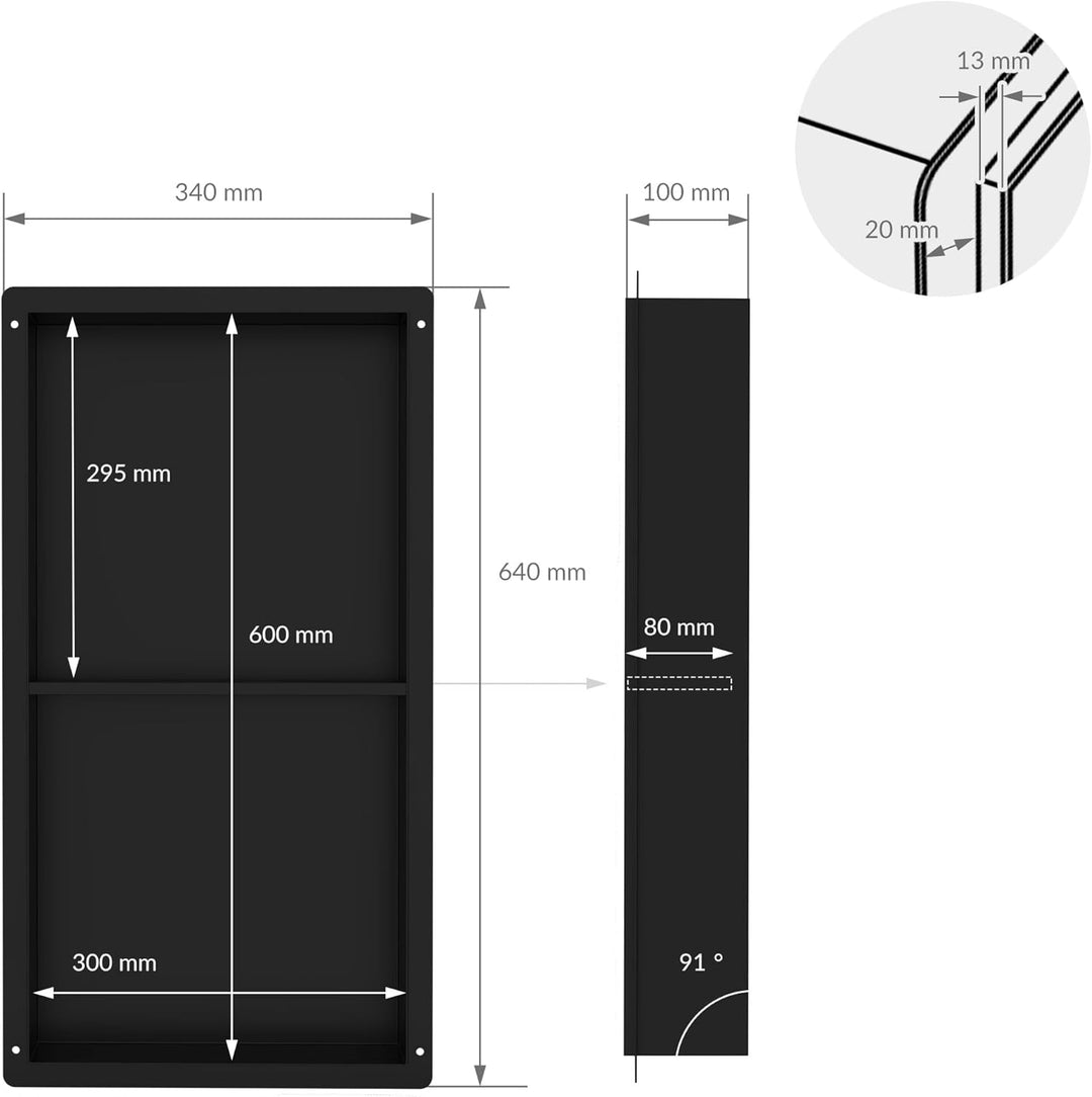 LuxeBath Wandnische Doppel aus Edelstahl, 30x60x10 cm, Schwarz, Duschnische, Randlos, Einbauregal, F
