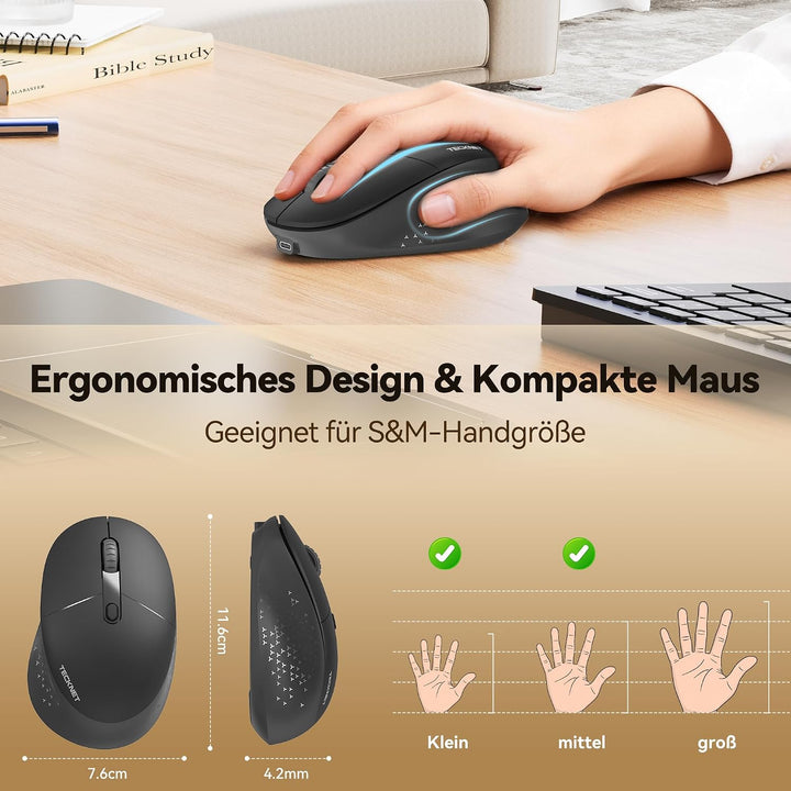 TECKNET Bluetooth Kabellose Maus Silent Tri-Mode 2.4G Wiederaufladbar | 3 einstellbare DPI, ergonomi