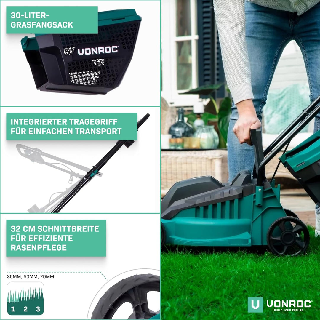 VONROC Rasenmäher Elektro mit Kabel | 1300W - 32cm Schnittbreite - einstellbare Schnitthöhe 30-70MM