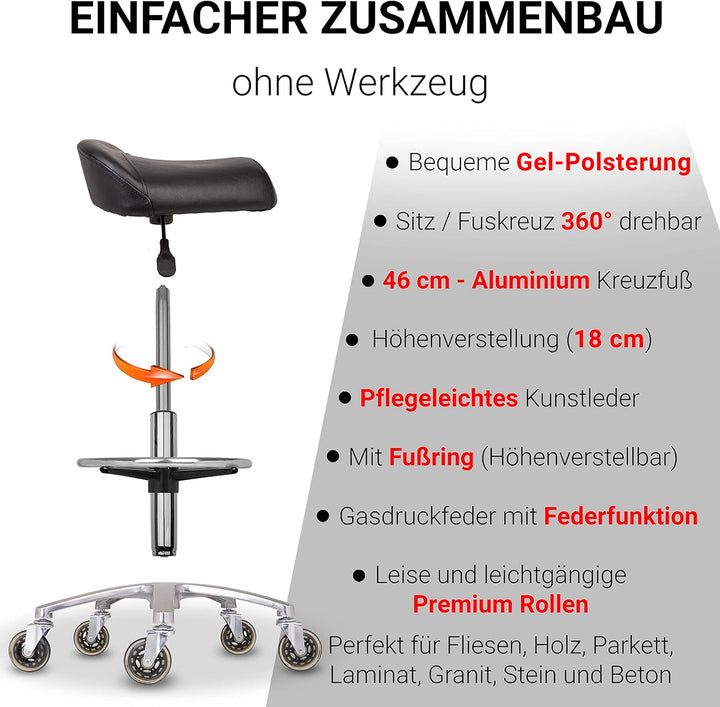 Staboos Rollhocker bis 160 kg - Sattelsitz und Fussstütze ergonomisch geformter Praxishocker (Premiu