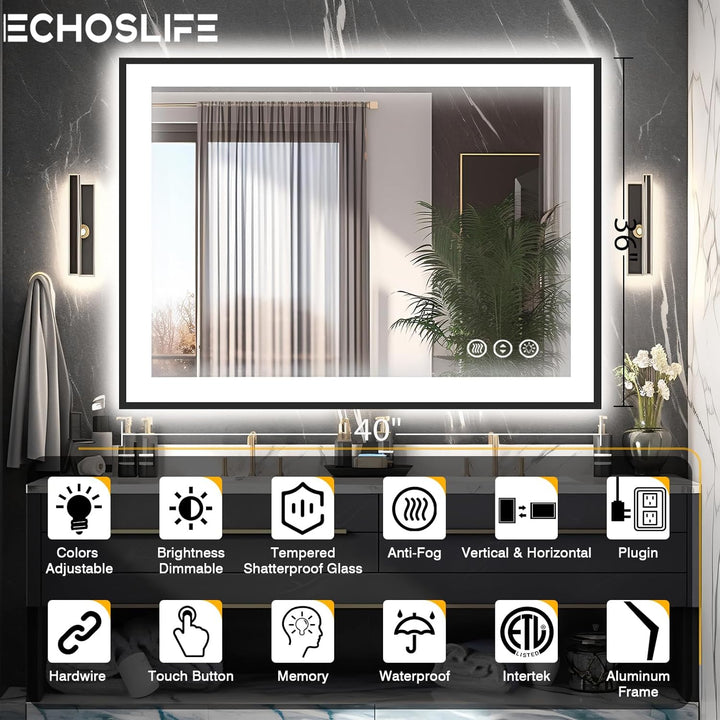 EchosLife 100x90cm Badspiegel mit Beleuchtung, Hartglas Badspiegel LED Antibeschlag, Schwarzer Alumi
