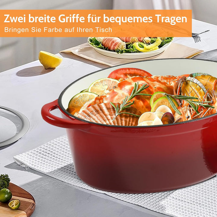 Gusseisen Bräter mit Deckel, Oval Gusseisen Topf 6.6L, Emaille Topf Gross Backofengeeignet, Schmorto