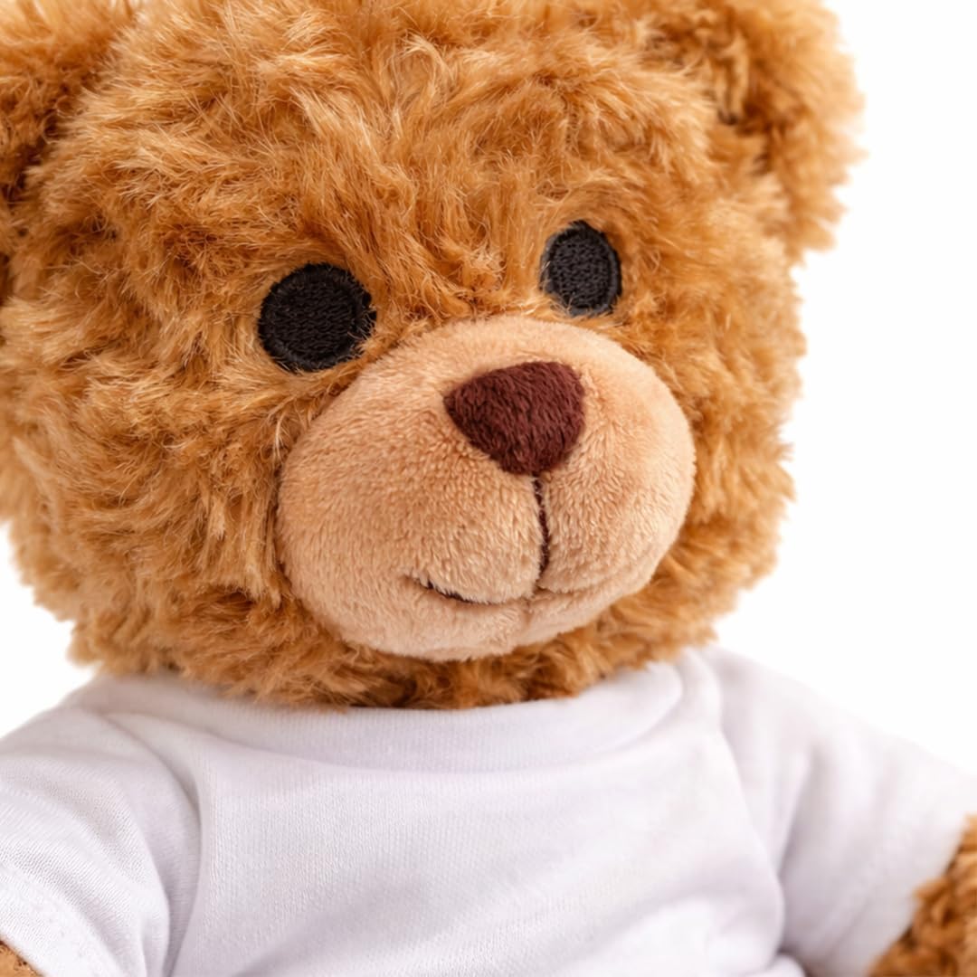 Kuscheltier Teddybär personalisiert – Flauschiges Plüschtier mit weissem T-Shirt zum Bedrucken – Wei