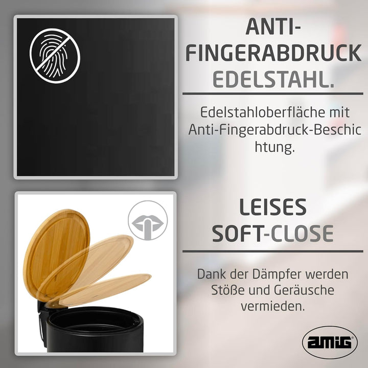 Amig – Kosmetikeimer mit Pedal 3L Naturline – Schwarz und Bambus – Hygienische Öffnung – Ø16,8 x 23