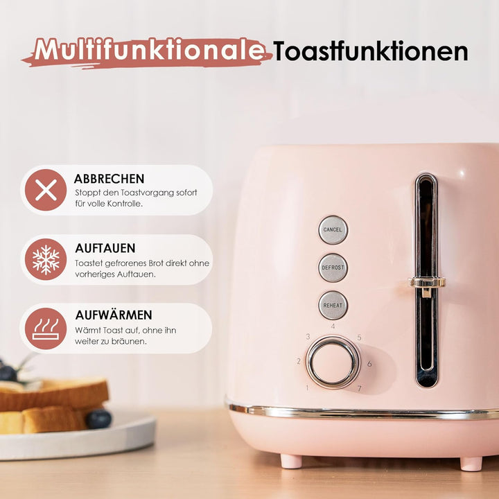 Fab by Kitchen in the box Rosa Toaster 2 Scheiben, Retro Toaster aus Edelstahl mit breiten Schlitzen