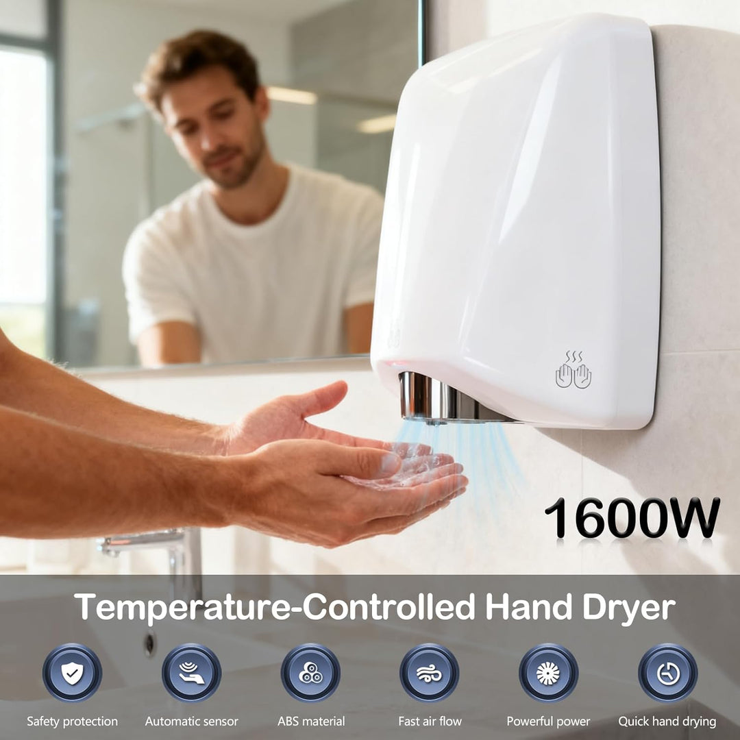 Händetrockner, 1600 W Trockner für Hand mit hohen Luftgeschwindigkeit von 30 m/s Automatischer Elekt